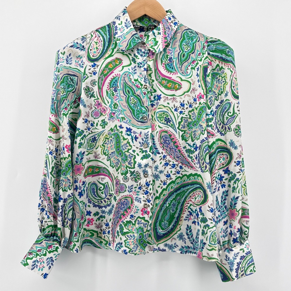 Zara Multicolor Patchwork Paisley Print Satin Button Down Blouse Top Small S